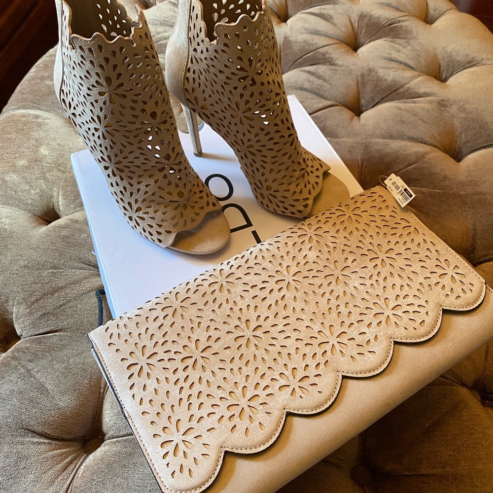 Peeptoe booties with matching clutch/chain handbag